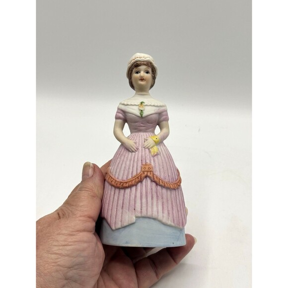 Vintage Victorian Lady Ceramic Bell Figurine In Layered Dress, Hat With Hankie - Picture 2 of 10